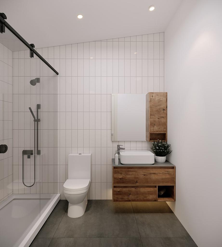 Modern prefab duplex Sooke British Columbia — bathroom
